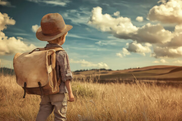 Little adventurer walking in a field with a backpack and a hat observing the horizon in a sunny day