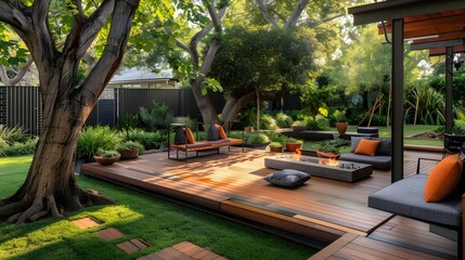 Backyard with a wooden deck and stylish outdoor seating