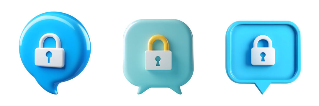 Lock icons embedded in blue speech bubbles with 3D style and keyhole details. Security and privacy concept on transparent background