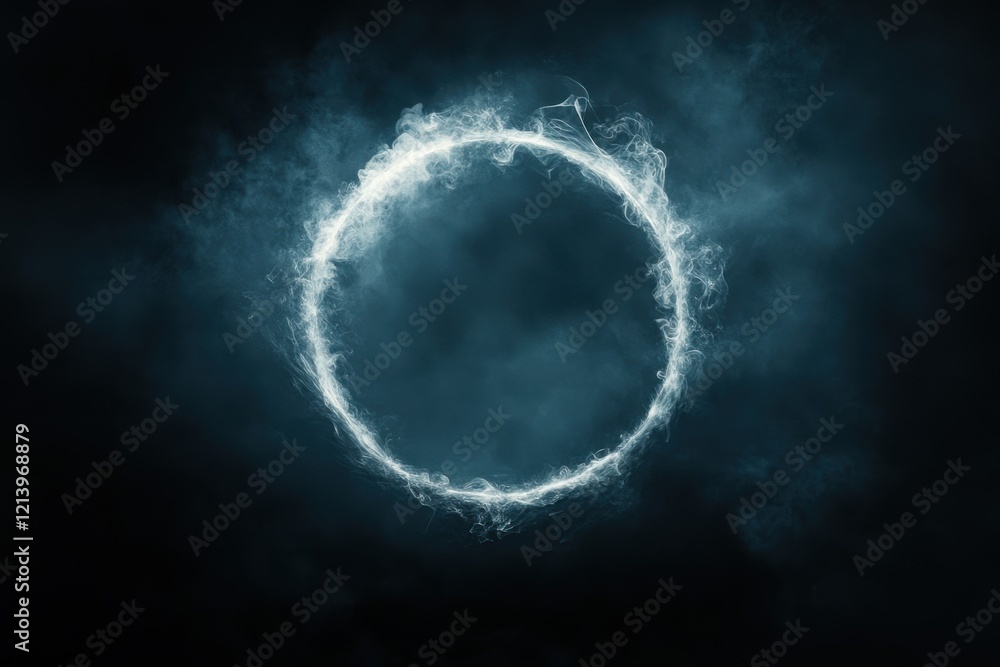 Poster mystical swirling smoke ring frame with text copy space in the middle on a black backdrop. backgroun