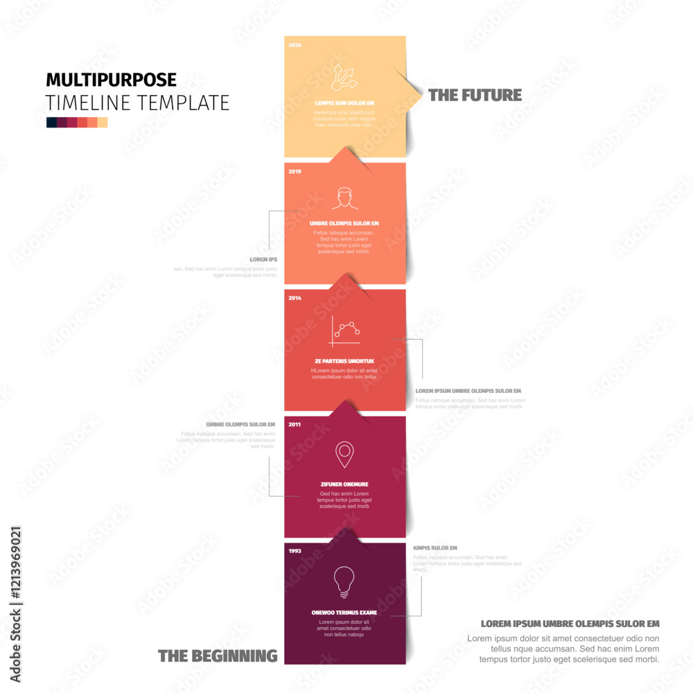 Poster multipurpose square red to yellow blocks time line template with sample text content and icons on wh