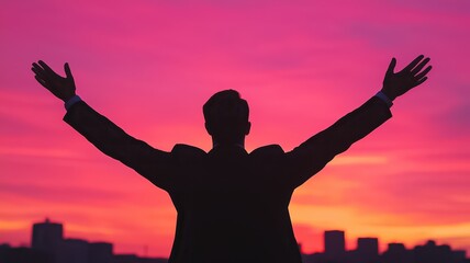 Fototapeta premium A silhouetted business man with outstretched arms stands against a vibrant pink and purple sunset, evoking feelings of freedom and hope.