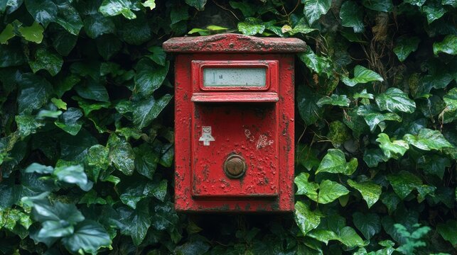 Rustic red mailbox ivy wall, outdoors, vintage