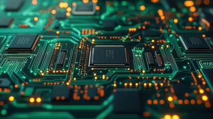 A close-up view of a circuit board featuring intricate pathways, microchips, and glowing lights, showcasing advanced technology and electronic components.