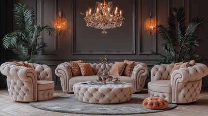 Luxurious Living Room with Cream Tufted Furniture and Crystal Chandelier