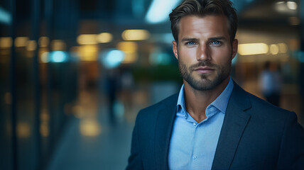 Fototapeta premium a sophisticated businessman with a confident gaze, standing in a modern office environment. His sharp attire and serious expression exude professionalism and leadership.