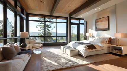 Fototapeta premium Spacious master bedroom with large windows and modern decor