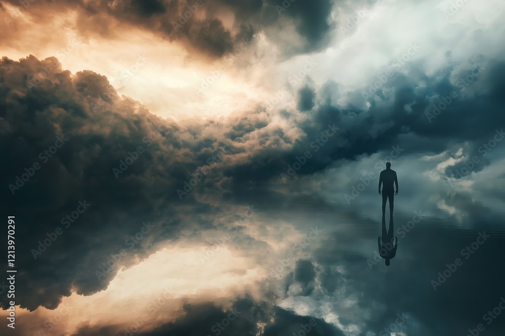 Aufkleber surreal image of a businessman reflecting on water with a dramatic sky and clouds, creating a sense 
