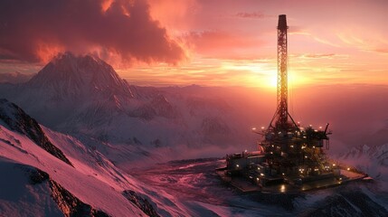 Oil Rig Sunset Mountainous Landscape