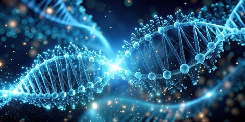 Fototapeta premium Glowing abstract particles forming spinning DNA molecule in a futuristic laboratory setting , spin, abstract, spin, abstract