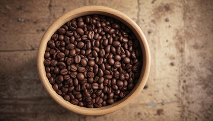 Fototapeta premium Top view of a rustic wooden cup filled with coffee beans, table, cup