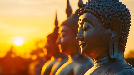 A group of Buddha statues bathed in golden sunset light in southern Thailand