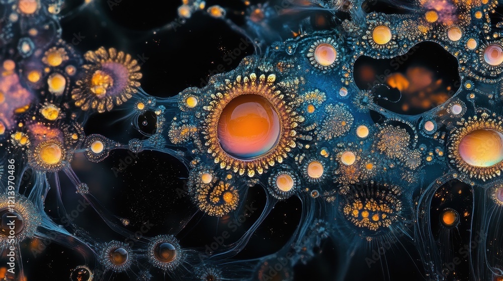 Poster abstract microscopic view of cellular structures with luminous orange spheres and bioluminescent ten