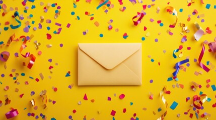 Festive yellow background confetti envelope celebration mail