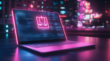 laptop with neon scales of justice symbol on the screen, set in a futuristic cyberpunk cityscape. It's a concept of digital justice, technology and law enforcement, legal issues in the digital age