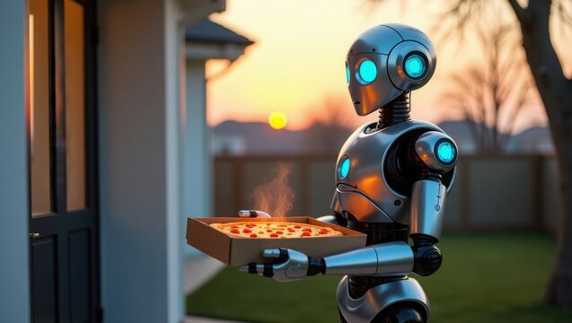 Robot pizza delivery agent holding a fresh pizza pie. Technology, automation, food service themes - Powered by Adobe