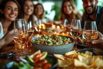 Vibrant Guacamole Dip Shared Joyfully at a Casual Gathering, Featuring Fresh Ingredients and Colorful Tortilla Chips