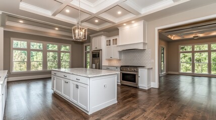 Fototapeta premium Modern White Kitchen Island With Hardwood Floors And Large Windows