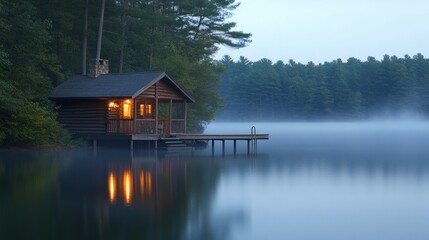 Serene Lakeside Cabin Illuminated at Dusk