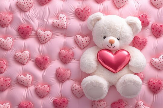 Charming white teddy bear with a pink heart, surrounded by cozy heart decorations on a tufted, pastel fabric background.  
