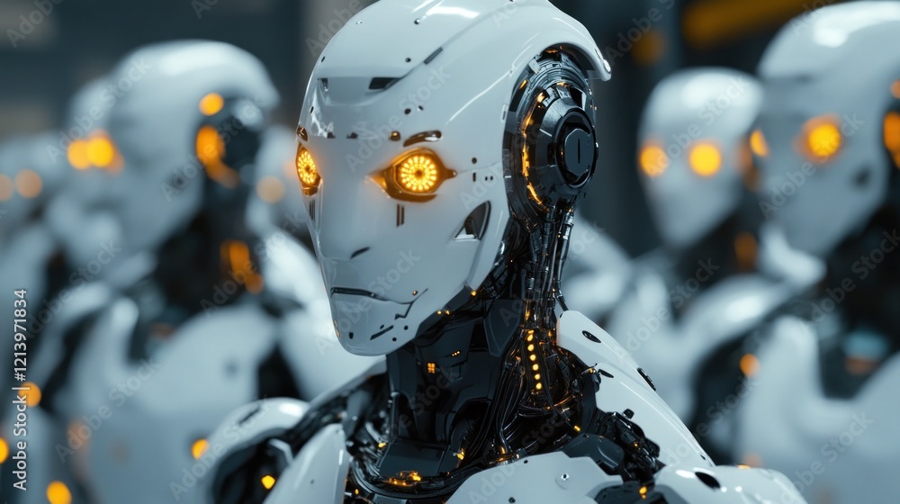 Poster factory robots assembling, futuristic background
