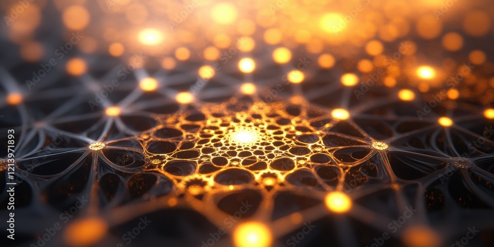 Poster abstract network with glowing nodes and warm bokeh, close-up perspective.