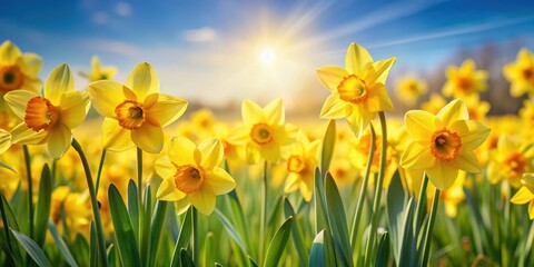 Fototapeta premium A field of bright yellow daffodil flowers swaying gently in the breeze on a sunny spring day, field, spring