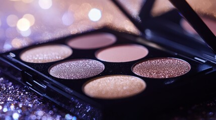 Glittery eyeshadow palette open, festive bokeh background
