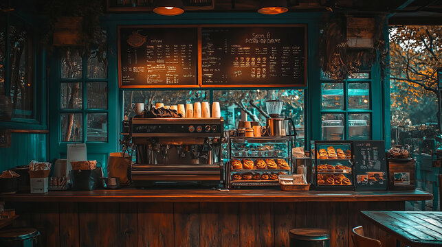 Coffee shop interior with espresso machine, pastries, and menu board.