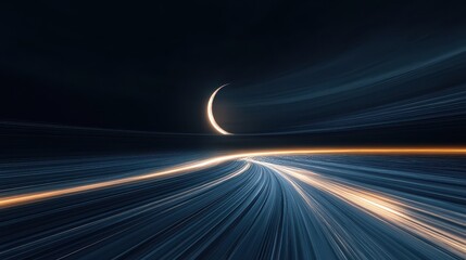 Abstract Speed of Light Trails with Crescent Glow on Dark Background.
