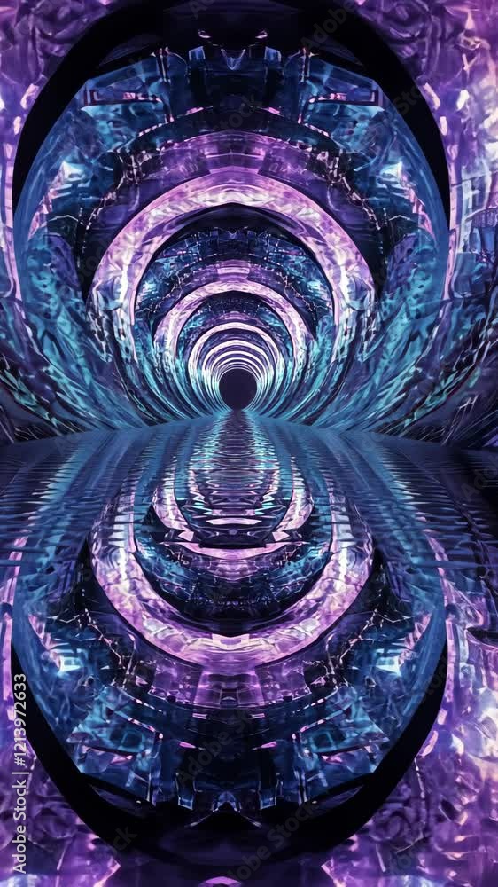 Poster dynamic tunnel of vibrant colors and reflections creating a surreal illusion in a futuristic space