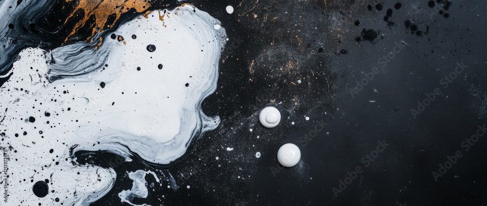 Poster fluid black and white paint swirls create an abstract art composition on a dark surface from a top-d