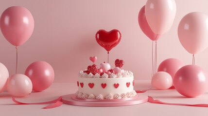 Valentine's Day Cake with Heart Balloons 