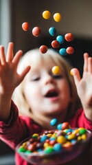 Joyful child plays with colorful candies while tossing them in the air on a sunny afternoon. Generative AI