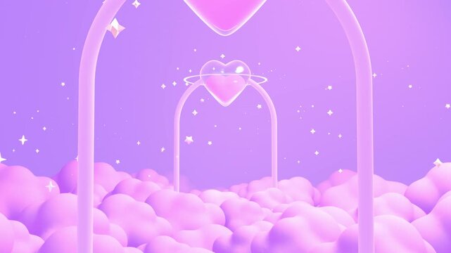 Looped cartoon passing through heart planet gateway on purple clouds animation.