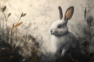 Digital artwork depicting a white rabbit surrounded by dark vegetation in a mysterious forest, creating a fantasy atmosphere