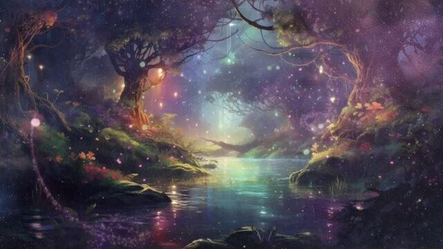 fantasy river of fireflies and lights. 4k seamless looping animation