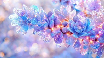 Sparkling blue flowers, glowing lights, soft bokeh background; ideal for greeting cards