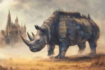 Fototapeta premium Fantasy artwork depicting a large armored rhino standing in a dry field with a gothic fortress in the background, creating a mysterious and intriguing scene