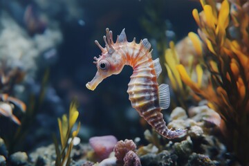 Vibrant seahorse swimming gracefully in an aquarium, surrounded by colorful algae, corals, and rocky formations, showcases marine beauty