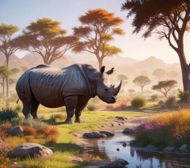 Fototapeta premium Colorful painting of a rhino in a serene and peaceful landscape, colorful painting, natural scenery, peaceful landscape