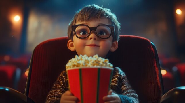 Excitement fills the air as a child awaits the start of a movie with popcorn in hand. Generative AI