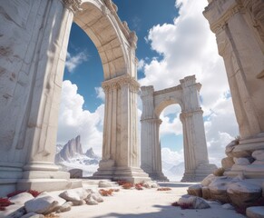 Obraz premium Columnar archway rising above white cloudy formations , outdoor scenery, atmospheric perspective