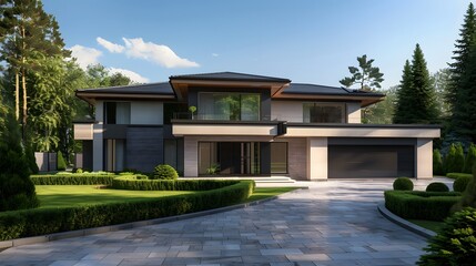 Front view of a modern house with a large driveway and manicured lawn