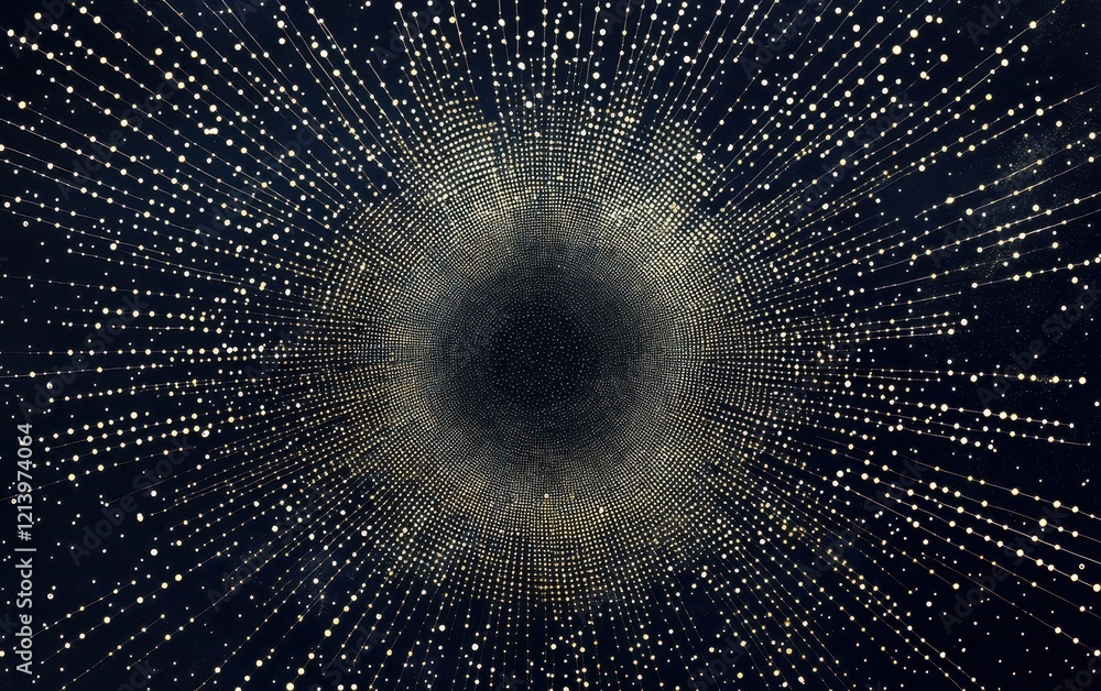 Poster abstract golden glowing dots radial pattern on dark background, circular data visualization, technol