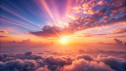 Fototapeta premium Gentle morning light peeks through a veil of clouds above a serene tuxedo pink sunrise sky with soft gentle hues and warm tones , warm tones, gentle light