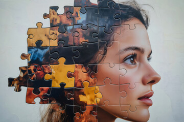 Jigsaw puzzle forming the face of a young woman, symbolizing individuality, identity, and the process of self discovery