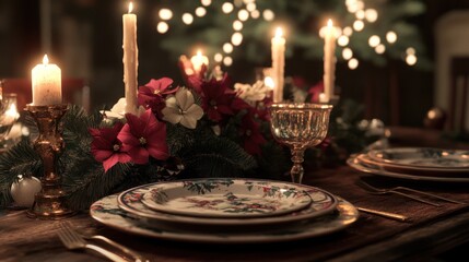 Festive Christmas Table Setting With Candles And Flowers