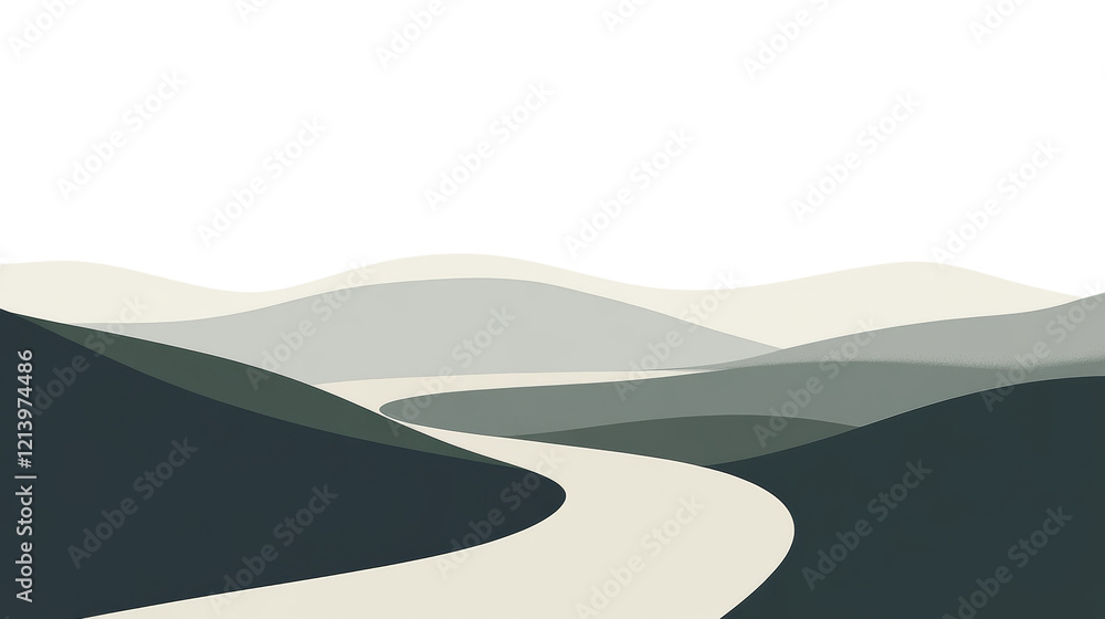 Poster a stylized abstract image depicts a winding road traversing a serene mountainous landscape in muted 