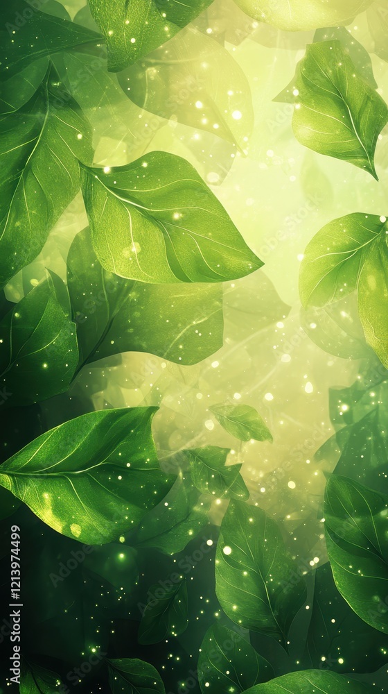Poster luminous green leaves with bokeh sparkles abstract background.
